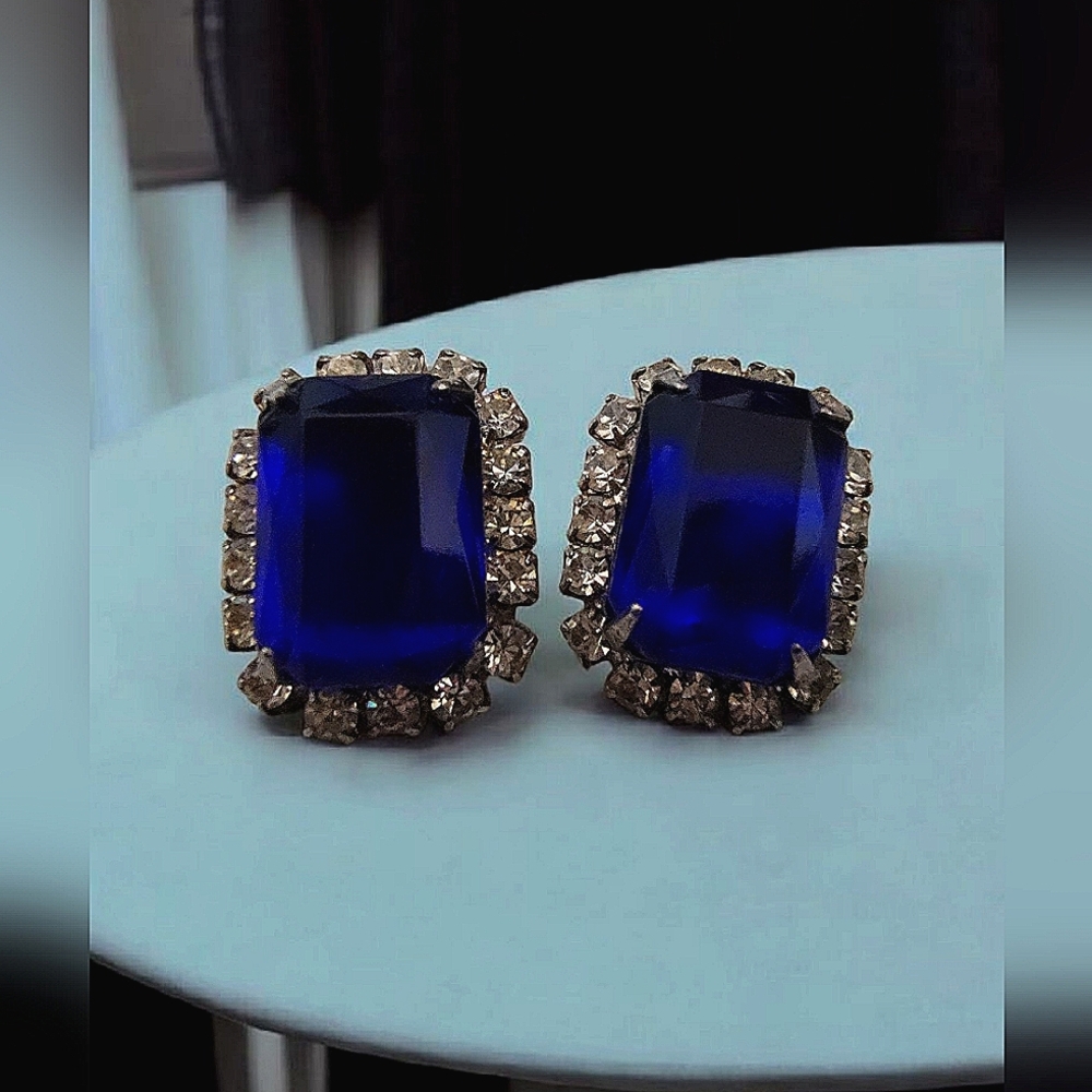 Vintage Silver Tone Blue & Crystal Rhinestone Earrings Unsigned